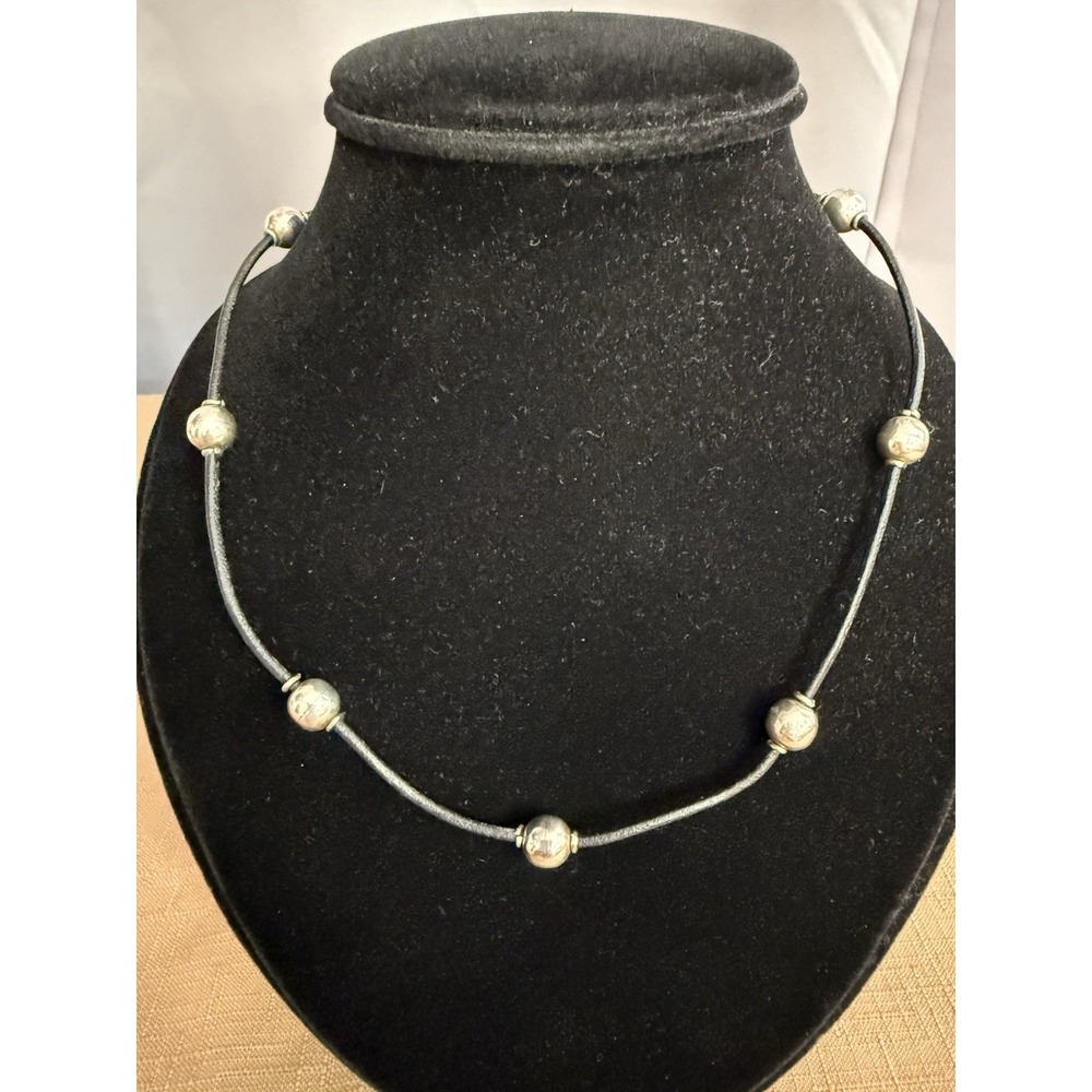 Sterling Silver Beads on Black Leather Necklace 925 Marked Mexico 16"